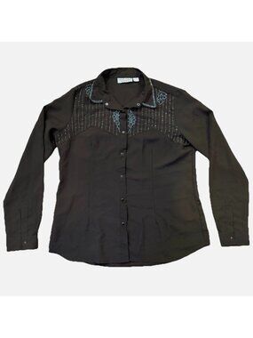 Cattlelac Ranch Women's Lg Pearl Snap Embroidered Western Shirt Brown Semi Sheer